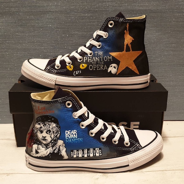 Custom Hand Painted Converse Shoes Theatre Themed Les Miserables, Hamilton, Dear Evan Hansen, Cats, Phantom of the Opera and Beetlejuice