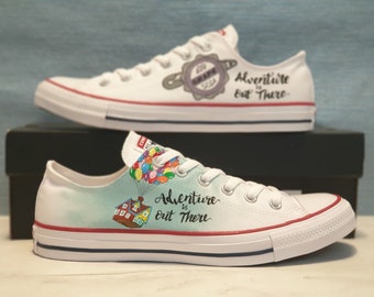 Custom Hand Painted Converse Low Top Shoes Up House & Bottle Cap Character Art Graphic Personalized Gift Canvas Shoes