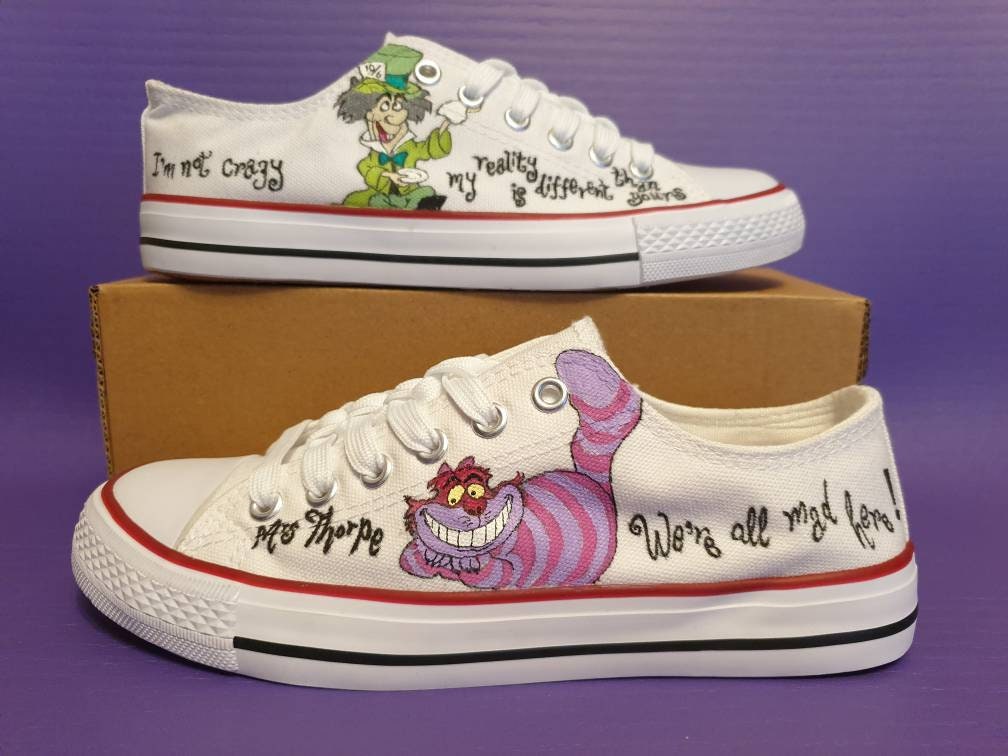 Custom Shoes Hand Painted not Printed High Top Converse Alice in Wonderland  Cheshire Cat Designs 2 full pieces of art painted just for you