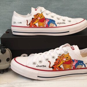 Custom Hand Painted Converse Low Top Shoes with Disney Winnie The Pooh Tigger Eeyore & Piglet Characters Art design