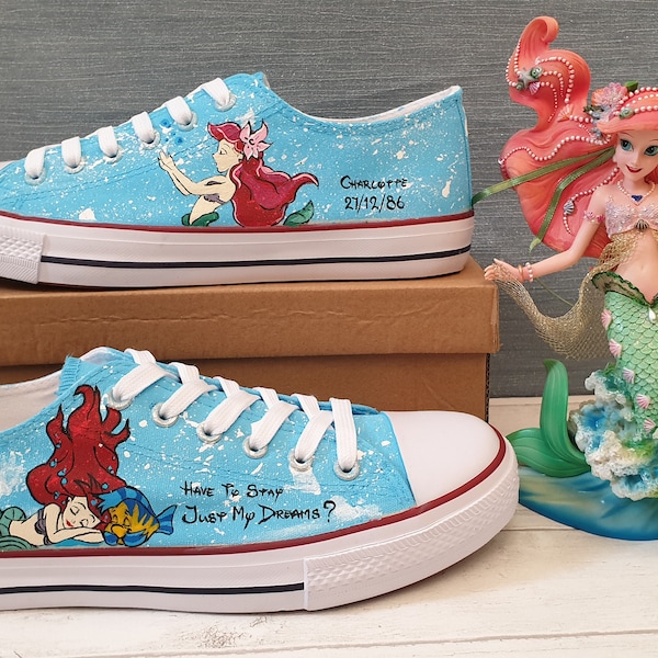 Custom Hand Painted Converse Low Top Shoes with Little Mermaid Ariel & Flounder Theme