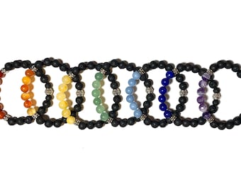 7 Chakra healing stretch bracelets Bundle, 100 % genuine all chakra corresponding crystals & Lava Stone. Balance, Harmony. Reiki Charged