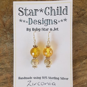 Sparkly Faceted Cubic Zirconia & Ornate Silver Beads Earrings, Minimalist Earrings, Dangle Earrings, Yellow CZ Long Earrings, Wedding Gifts