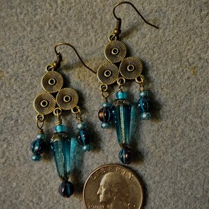 Antique brass and teal Czech glass earrings
