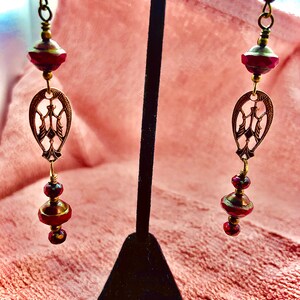Victorian style antique brass and red Czech glass beads earrings