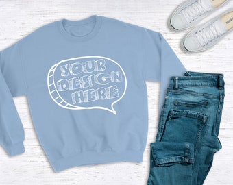 Download Free Gildan 180 Light Blue Unisex Heavy Blend Fleece Crew Mockup | Sweatshirt Mockup | Pullover Mockup | Gildan Mockup | Winter Mockup PSD Template