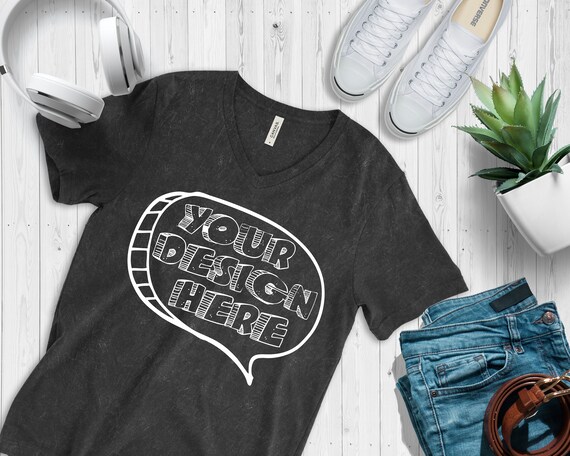 Black Mineral Wash Vneck T-Shirt Bella Canvas Mockup 3005