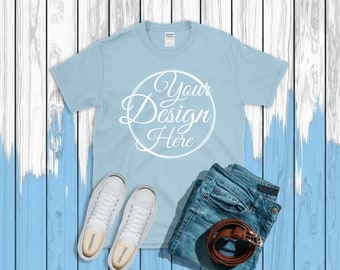 Download Free Light Blue T Shirt Gildan Mockup 64000 Canvas Unisex Shirt Red T PSD Mockup Template