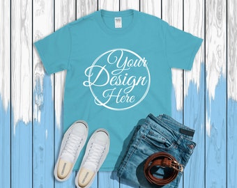 Download Tropical Blue T Shirt Gildan Mockup 64000 Canvas Unisex ...