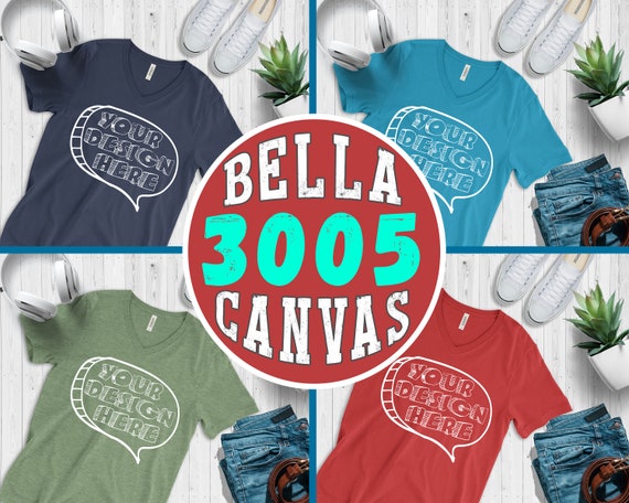 Bundle 4 Mockups Bella Canvas 3005 Vneck Shirt With