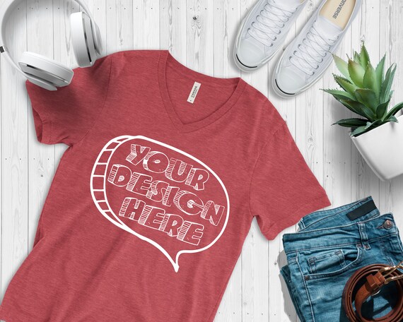 Heather Red Vneck T-Shirt Bella Canvas Mockup 3005 Vneck