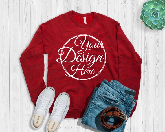 Bella Canvas 3901 SweaT-Shirt Mockup Red Marble Fleck Template
