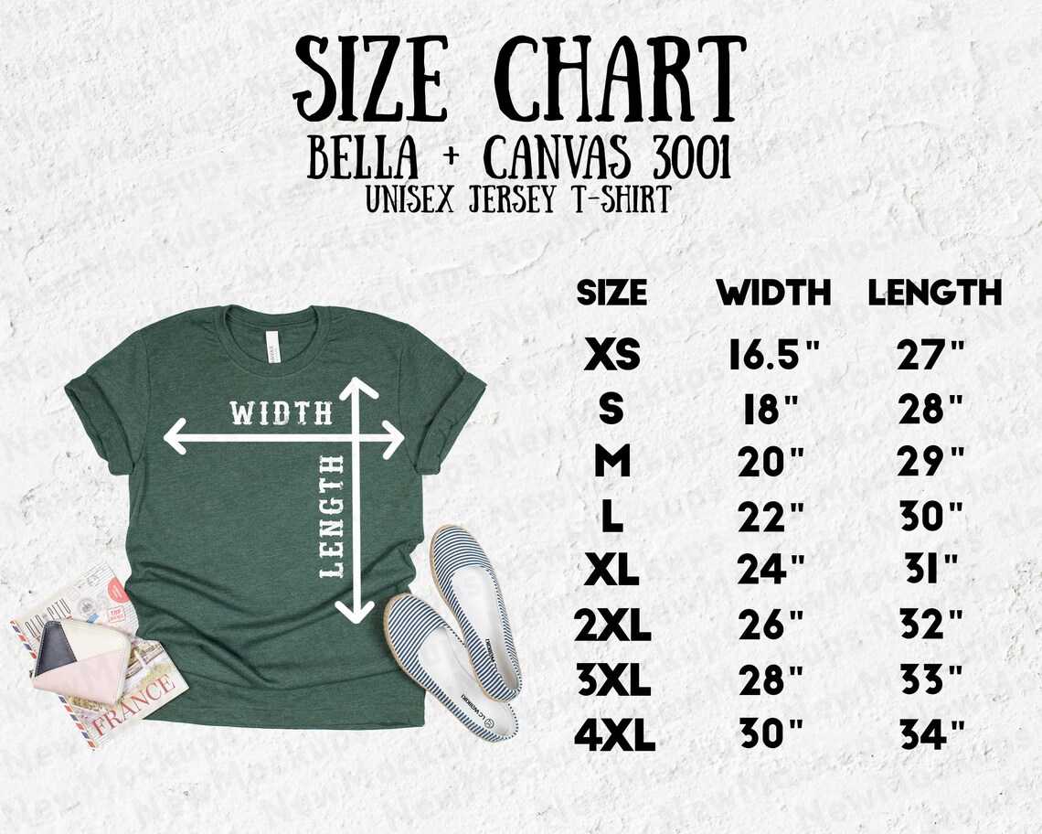 Size Chart Bella Canvas 3001 XS4XL Heather Forest Size Etsy