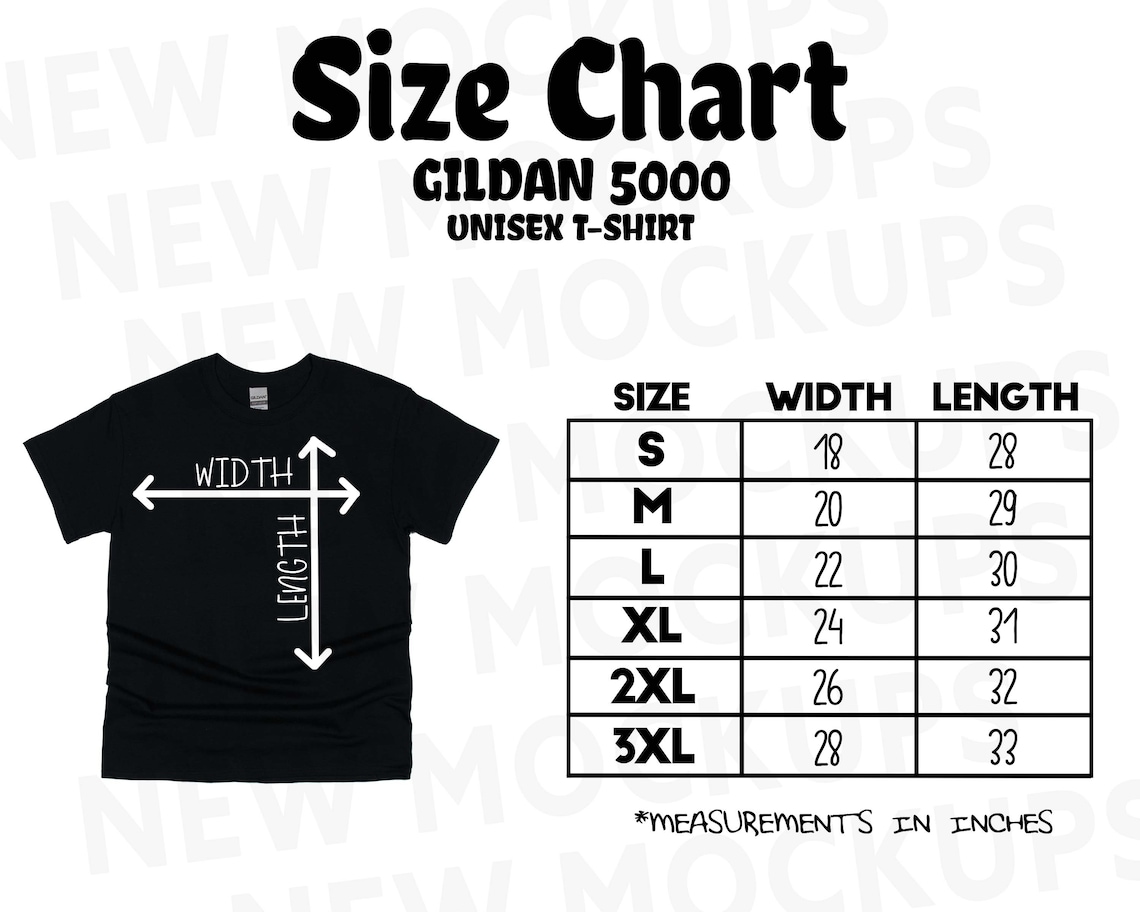 Gildan 5000 Size Chart Unisex T-shirt Size Chart Size Chart | Etsy