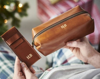Personalised Leather Shaving Bag and Razor Cover