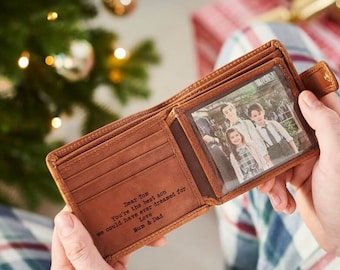 Billetera triple personalizada con inserción de foto de metal: regalo de Navidad perfecto para papá, hijo o abuelo, calidad hecha a mano, caja de regalo de lujo