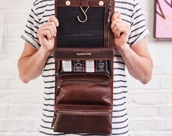 personalised leather wash bag