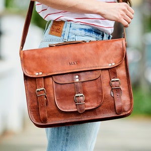 Personalised Classic Leather Satchel 15"