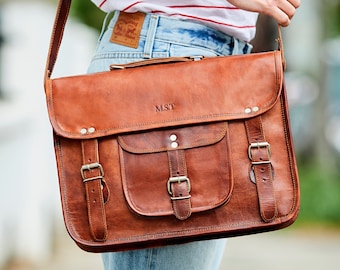 Personalised Classic Leather Satchel 15"