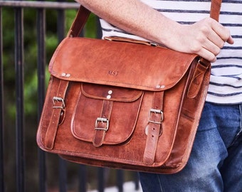 Personalised Classic Leather Satchel (14 inch) - Perfect Christmas Gift for Student, Son, Daughter, Vintage Laptop Bag, Handmade & Gorgeous