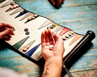 Personalised Bright Leather Travel Backgammon Set - Handmade Game Gift for Dad, Traveller, Luxury Father's Day Gift, Unique Present