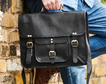 Satchel de cuero clásico negro (14") con personalización