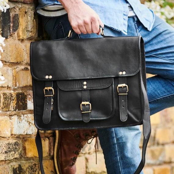 Black Classic Leather Satchel 14 With Personalisation 