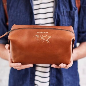 Luxury Leather Wash Bag with Best Dad in the World  - Perfect Father&#39;s Day gift. Handmade Quality.