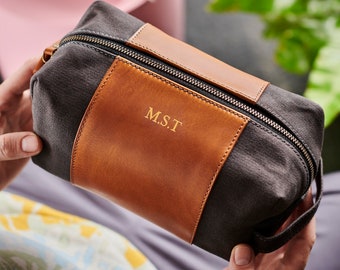 Leather and Canvas Wash Bag with Personalisation