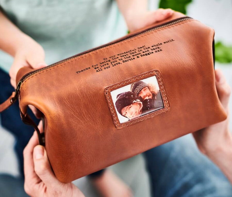 Luxe Leather Wash Bag with Secret Message and Unique Metal Photo