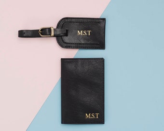 Personalised Matching Leather Passport Cover And Luggage Tag Set