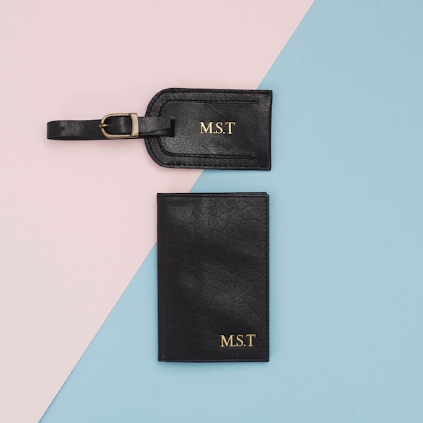 Personalised Matching Leather Passport Cover And Luggage Tag Set