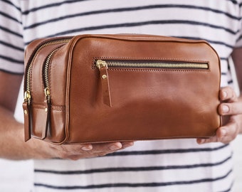 Personalised Leather Wash Bag with 2 Sections