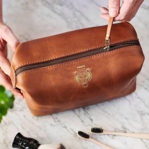 Luxury Leather Wash Bag with Personalisation and Tiger Stamp - Perfect Christmas Gift for Teen, Husband, Dad. Handmade Quality.