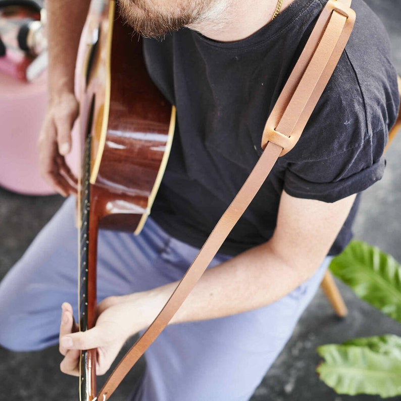 Leather Guitar Strap with Engraved Message Tan