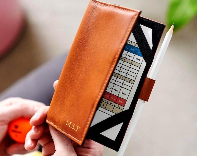 Personalised Leather Golf Score Card Holder – Handmade Golf Gift for Dad – Custom Hot-Stamped Golf Accessory in Tan or Black – Gift Box