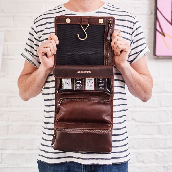 Personalised Leather Hanging Wash Bag