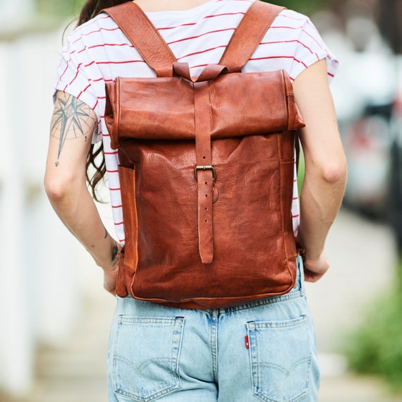 Personalised Roll Top Leather Backpack Perfect Christmas Gift for Daughter Son Teen. Handmade. Stealth Laptop Bag. Etsy