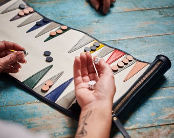 Personalised Bright Leather Travel Backgammon Set - Perfect Father's Day gift, Beautiful Leather, Handmade to the Highest Quality