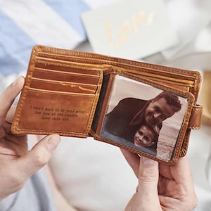 Groomsman Gift - Personalised Leather Wallet with Metal Photo Card - Includes Personalised Engraved Message inside & Embossed Initials