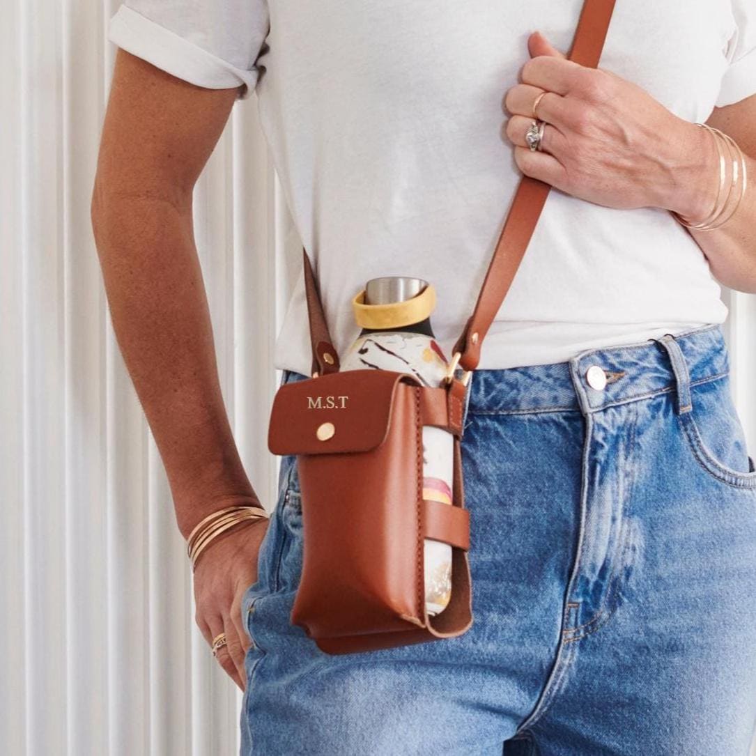Personalised Leather Water Bottle Holder Luxury Crossbody Gift for Her Custom Hot-Stamped Christmas Gift Gift Boxed