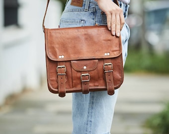 Midi  Leather Satchel With Front Pocket