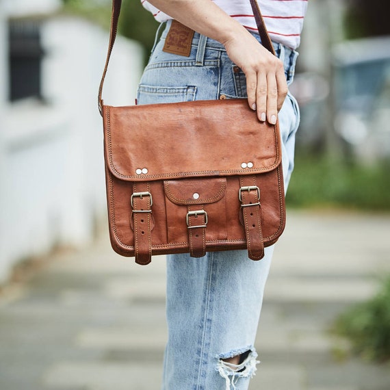 Midi Leather Satchel With Front Pocket 