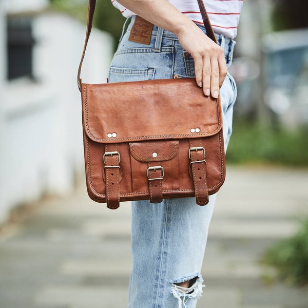 Cartable midi en cuir avec poche avant