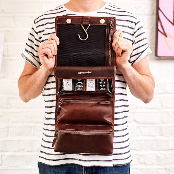 Personalised Leather Hanging Wash Bag | Handmade Buffalo Leather Toiletry Bag | Thoughtful Gift for Him | Travel Wash Bag | Lifetime Quality