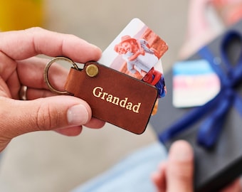 Personalised Leather Photo Keyring with 5 Metal Photo Cards – Handmade Gift for Grandad – Custom Keepsake Gift Boxed