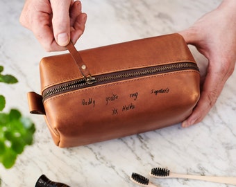 Travel Leather Wash Bag with Child’s Masterpiece or Personal Message