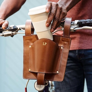 Leather Coffee Cup Holder For Bikes - Perfect Christmas Gift for Cyclist, Coffee Lover, Handmade Unique Gift.