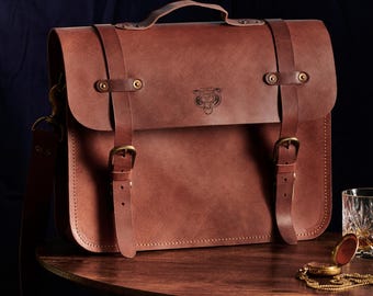 Personalised Buffalo Leather Laptop Satchel with Tiger Stamp| Handmade 15 Inch Bag | Lifetime Guarantee