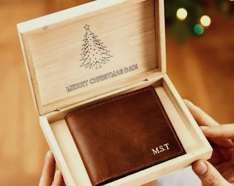 Gepersonaliseerde leren portemonnee in kerstdoos | Gegraveerd bericht en initialen | Cadeau voor vader, echtgenoot | Handgemaakte luxe